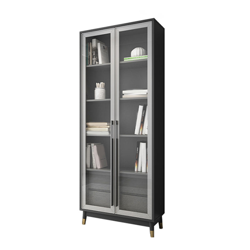 Faux Wood Modern Storage Cabinet Glass Doors Display Cabinet with Drawer for Living Room