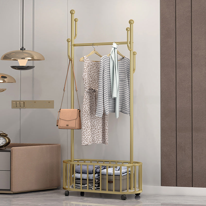 Popular Metal Coat Hanger Storage Basket Solid Color Coat Rack with Castors 31"L x 14"W x 70"H Gold Clearhalo 'Entry & Mudroom Furniture' 'furn' 'furn_hall_tree_coat_racks' 'Furniture' 'Hall Trees & Coat Racks' 'hall_tree_coat_racks' 6064807