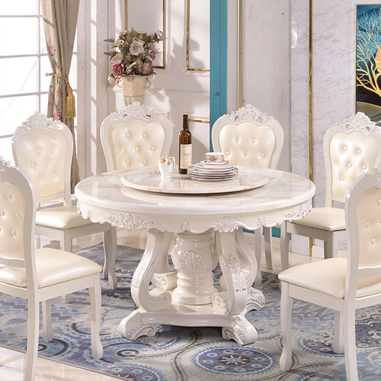 White Stone Top Dining Table Round Table with Wood Pedestal Base