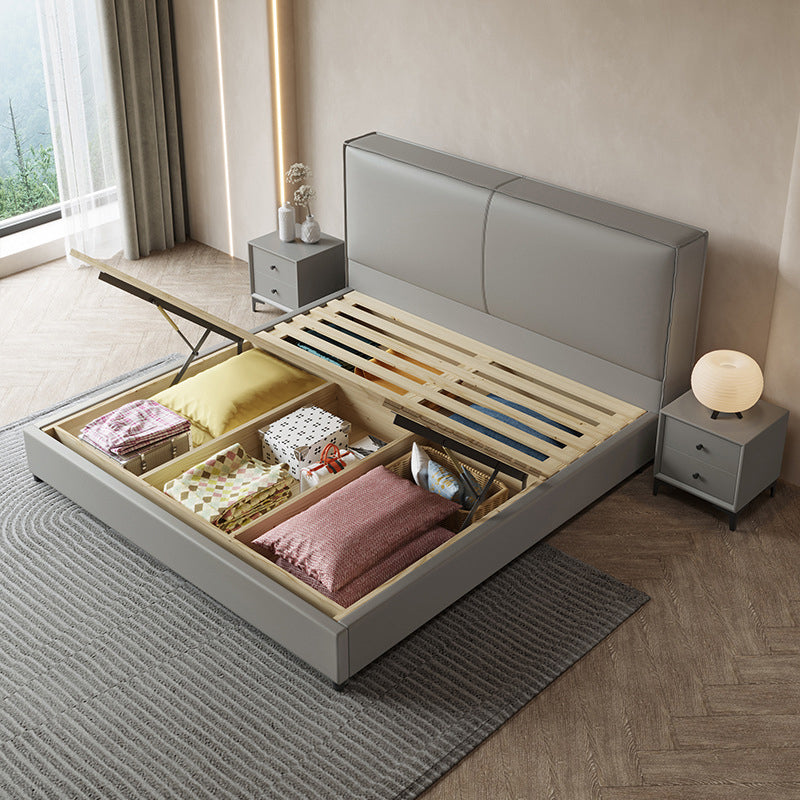 Grey Wooden Standard Bed with Rectangular Leather Panel Headboard Lift Up Storage Clearhalo 'Bedroom Furniture' 'Beds' 'furn' 'furn_beds' 'Furniture' 6068129