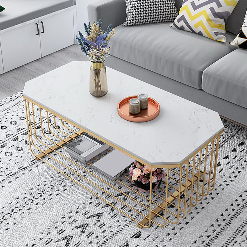Glam Marble Top Coffee Table with Iron Base and Shelf Cocktail Table
