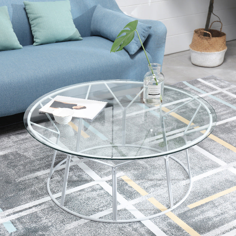 Tavolino contemporaneo con top in vetro rotondo e base di ferro