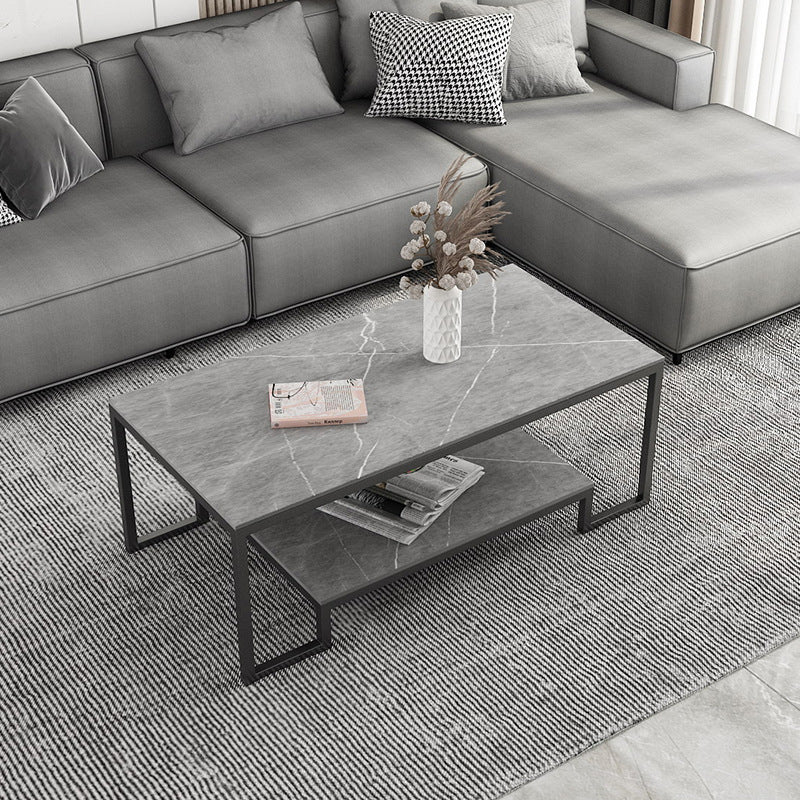 Contemporary Cocktail Table with Stone Top and Iron Base and Shelf