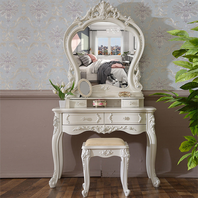 White Vanity Dressing Table Set Victorian Mirrored Wood Vanity Makeup Vanity & Mirror & Stools Geometry Clearhalo 'Bedroom Furniture' 'furn' 'furn_makeup_vanities' 'Furniture' 'Makeup Vanities' 'makeup_vanities' 6084105