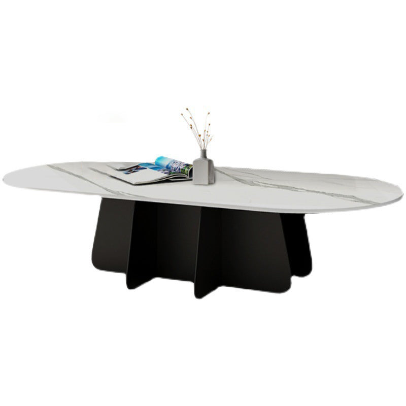 Glam Style Oval Coffee Table with Marble Top and Iron Base in Black