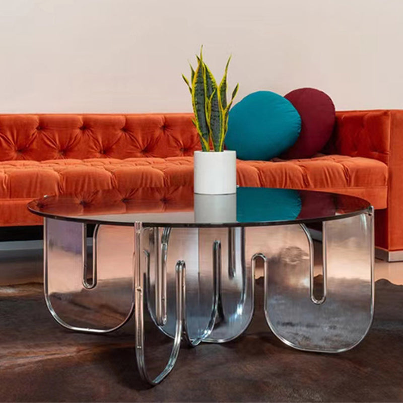 Contemporary Round Coffee Table with Glass Top and Acrylic Cross Base Silver Clearhalo 'Coffee & Accent Tables' 'Coffee Tables' 'coffee_tables' 'furn' 'furn_coffee_tables' 'Furniture' 'Living Room Furniture' 6084349