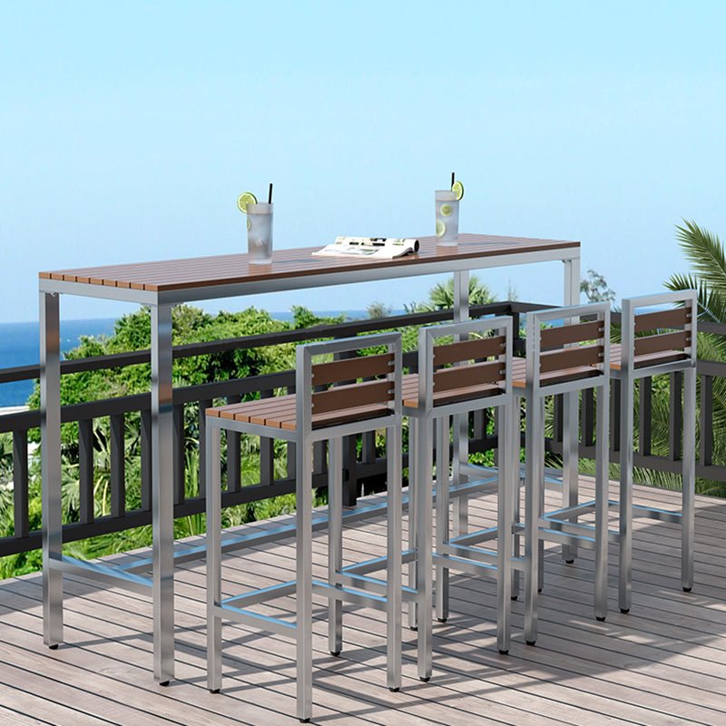 Industrial Metal and Wood Bar Table Outdoor Rectangle Bar Table with Trestle Base 78.7"L x 15.7"W x 41.3"H Silver Without Chairs Clearhalo 'Bar Furniture' 'Bar Tables' 'bar_tables' 'furn' 'furn_bar_tables' 'Furniture' 'Kitchen & Dining Furniture' 6098578