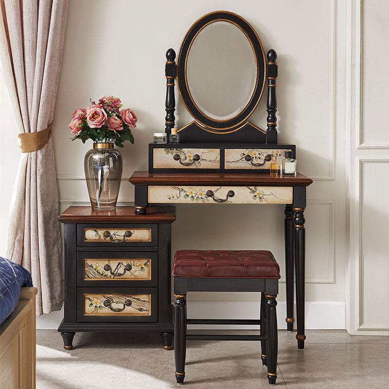 Victorian Vanity Set Solid Wood Drawers Included Makeup Dressing Table With Mirror & Stool Makeup Vanity & Stools 47"L x 16"W x 61"H Walnut+Black Clearhalo 'Bedroom Furniture' 'furn' 'furn_makeup_vanities' 'Furniture' 'Makeup Vanities' 'makeup_vanities' 6099176