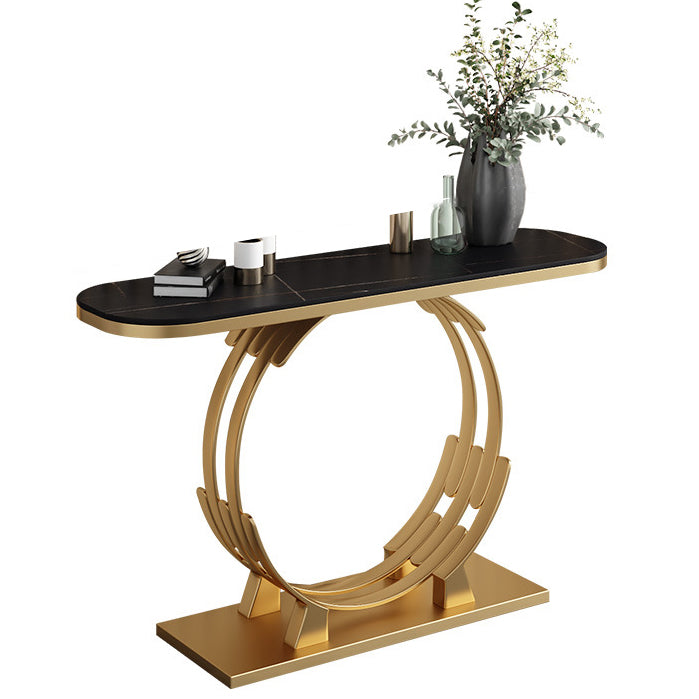 Glam Console Accent Table Antique Finish Oval Console Table with Shelf 39"L x 12"W x 31"H Black-Gold Clearhalo 'Console Tables' 'console_tables' 'Entry & Mudroom Furniture' 'furn' 'furn_console_tables' 'Furniture' 6102842