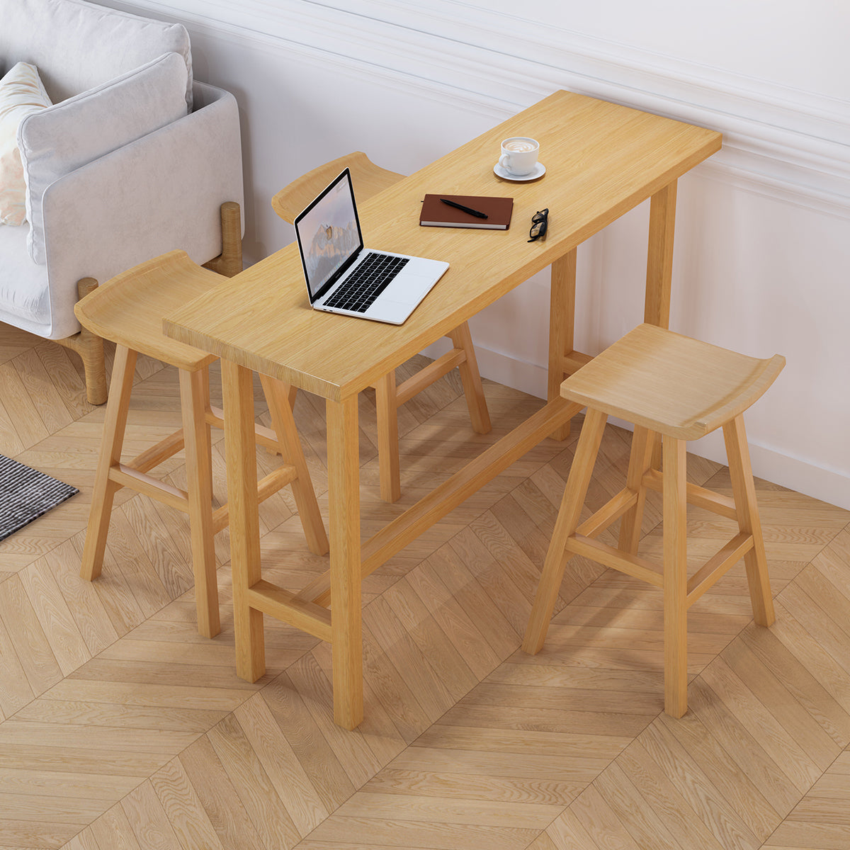 Natural Bar Table Set 1/4 Pieces Rectangle Solid Wood Counter Table Set 4 Pieces: Table, 3 Stools Clearhalo 'Bar Furniture' 'furn' 'furn_home_bar_bar_sets' 'Furniture' 'Home Bars & Bar Sets' 'home_bar_bar_sets' 'Kitchen & Dining Furniture' 6106182