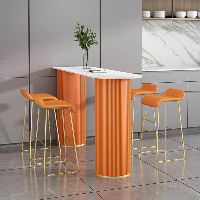 Modern 1/2/5 Pieces Metal Bar Table Set Stone Bar Table with High Stools for Kitchen 5 Pieces: 1 Table, 4 Orange Stools Clearhalo 'Bar Furniture' 'furn' 'furn_home_bar_bar_sets' 'Furniture' 'Home Bars & Bar Sets' 'home_bar_bar_sets' 'Kitchen & Dining Furniture' 6106839
