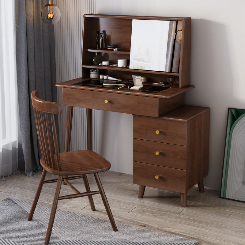 Tabouret de coiffeuse de maquillage en bois en miroir ensemble en finition naturelle / noyer