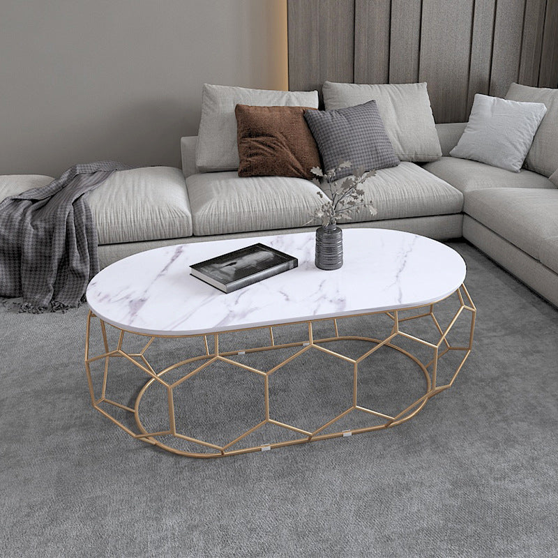 Glam leisteen salontafel met ijzeren frame en ovale stenen topcocktailtafel