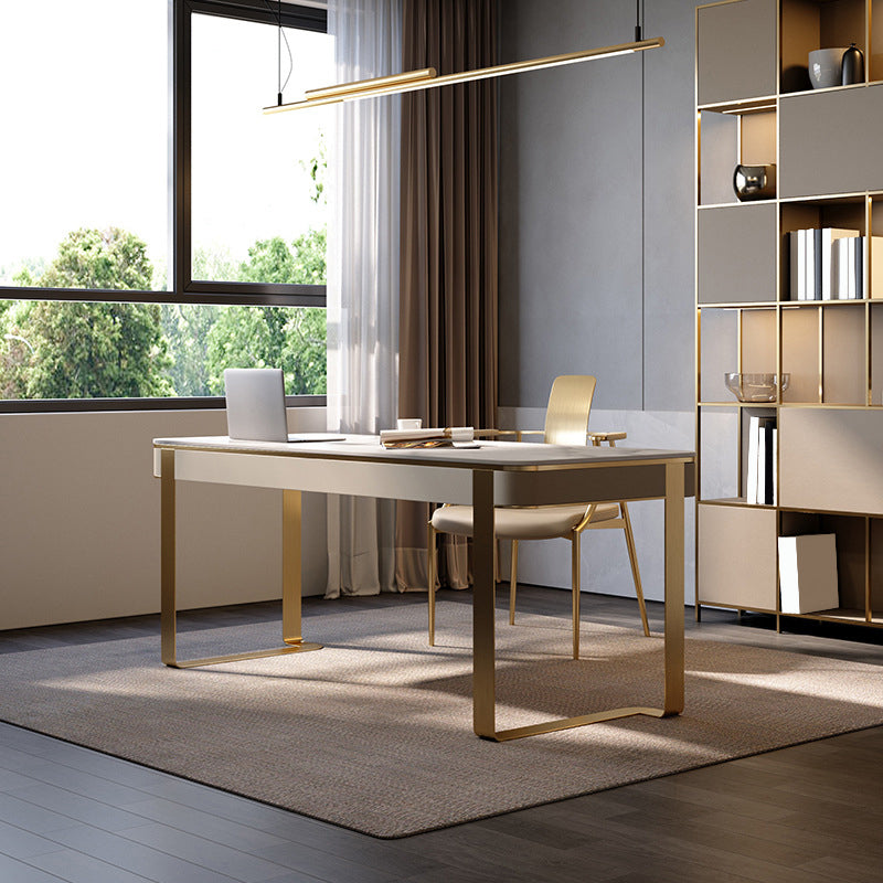 White and Gold Writing Desk Glam Curved Office Desk with Drawers 63"L x 23.6"W x 29.5"H Clearhalo 'furn' 'furn_office_desk' 'Furniture' 'Office Desks' 'Office Furniture' 'office_desk' 6130566