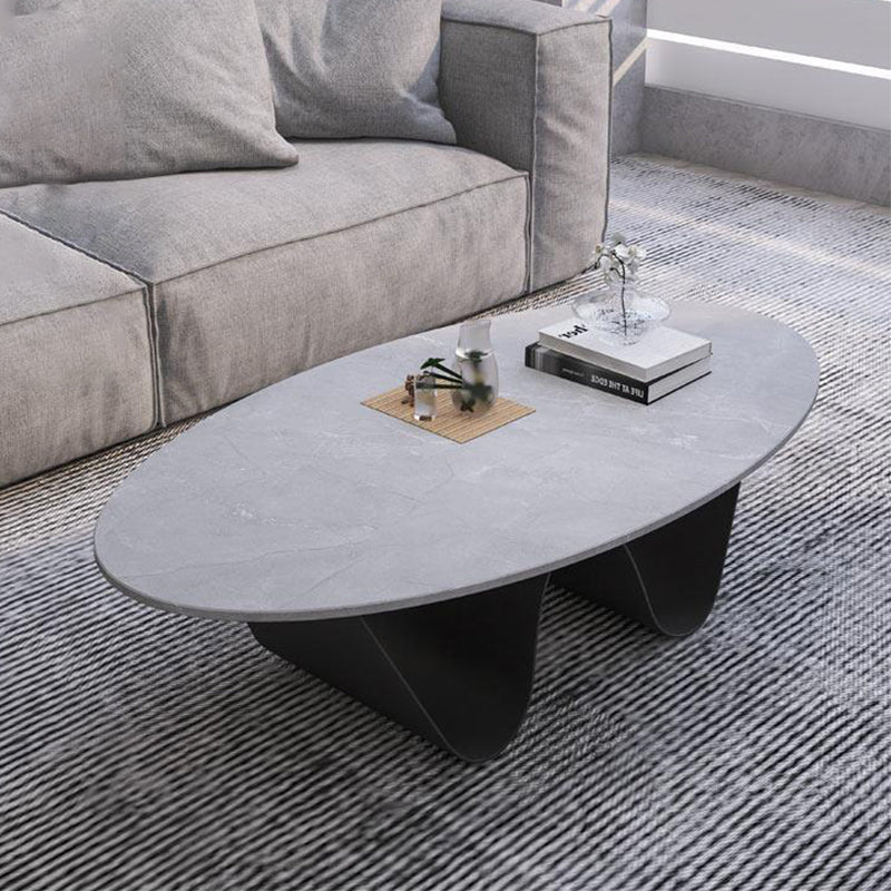 Glam Style Stone Top Coffee Table with Steel Base in Oval Cocktail Table