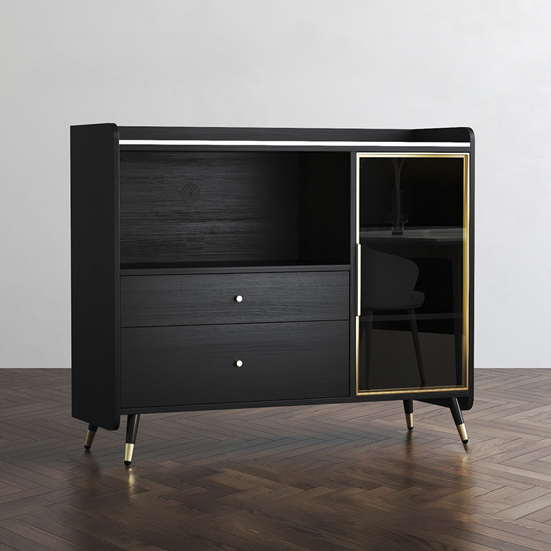 Black Open Storage Server Glam Wood Dining Server con 2-Drawer