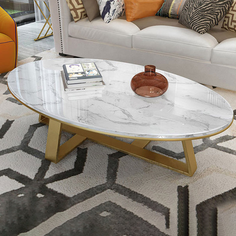 Oval Marble Top Coffee Table with Iron Cross Base Cocktail Table in White