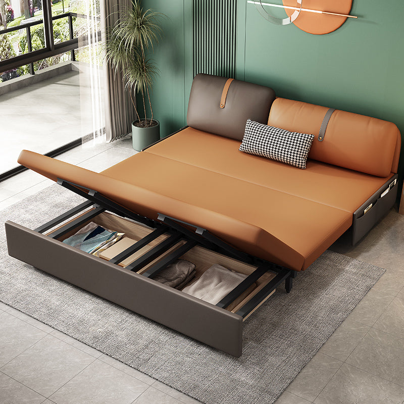 Contemporary Armless Bonded Leather Sofa Bed in Brown with Storage