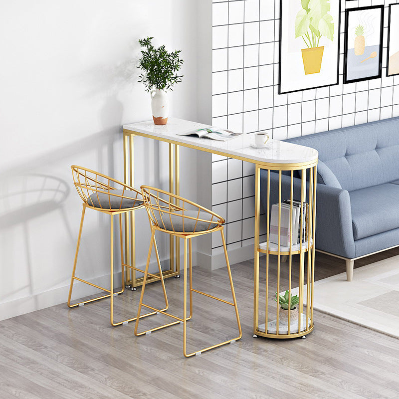 White Marble Bar Dining Table Glam Double Pedestal Bar Height Table 70.9"L x 15.7"W x 41.3"H Gold Without Chairs Clearhalo 'Bar Furniture' 'Bar Tables' 'bar_tables' 'furn' 'furn_bar_tables' 'Furniture' 'Kitchen & Dining Furniture' 6162280