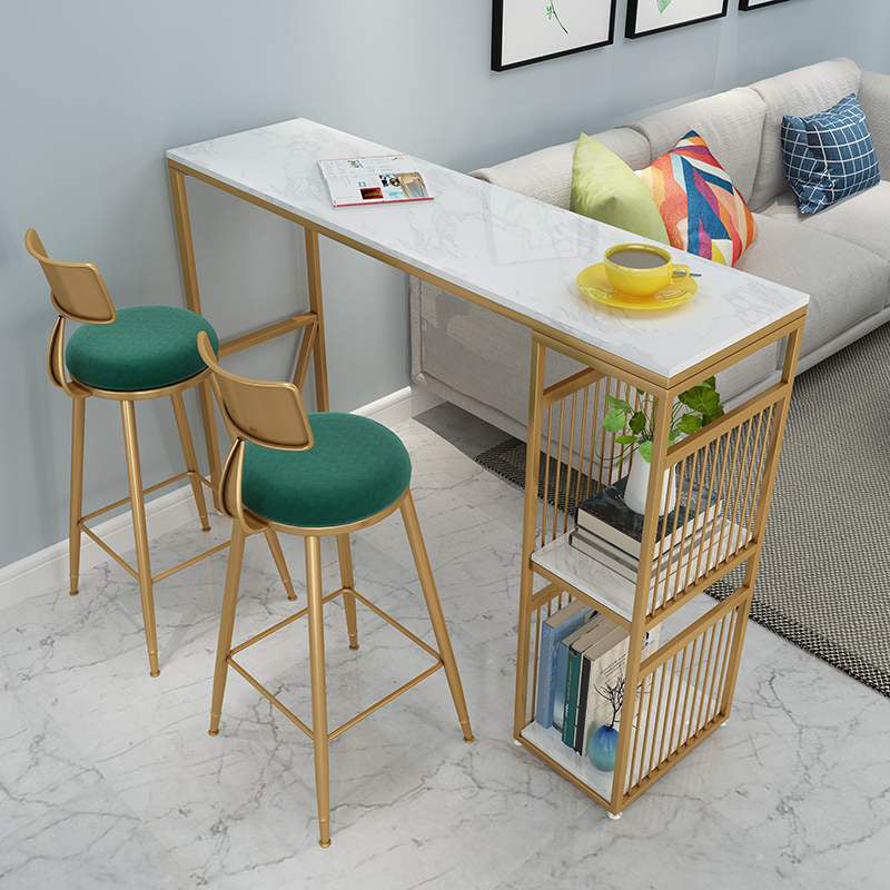 Rectangle Pedestal Bar Table Faux Marble Bar Height Pub Table with Shelves