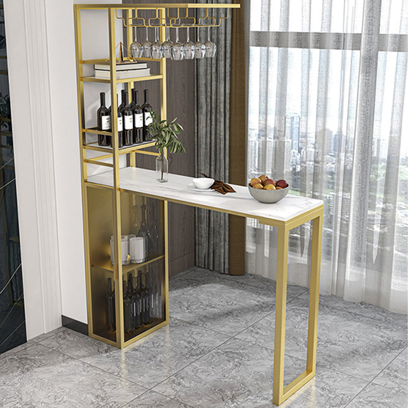 Double Pedestal Pub Table Rectangle Glam Bar Table with Wine Rack