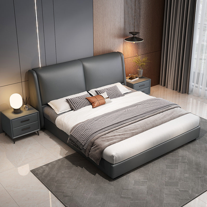 Contemporary Grey Leather Upholstered Standard Bed, Rectangular Panel Bed