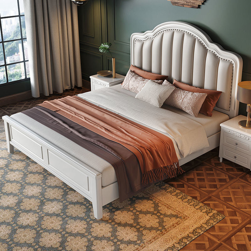 Scandinavisch houten gebogen standaardbed, wit paneel hoofdeinde bodembed