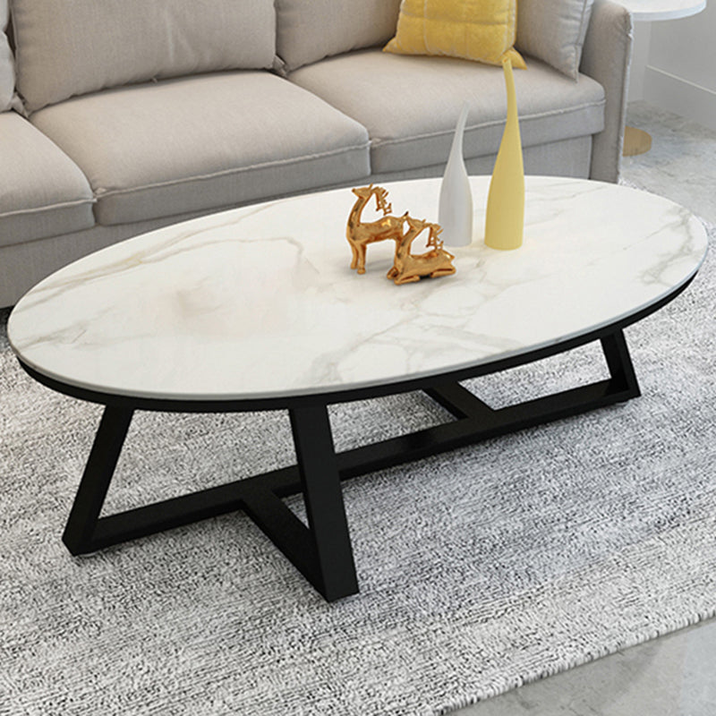 Glam Oval Slate Coffee Table 17.7"H Iron Cross Legs Cocktail Table