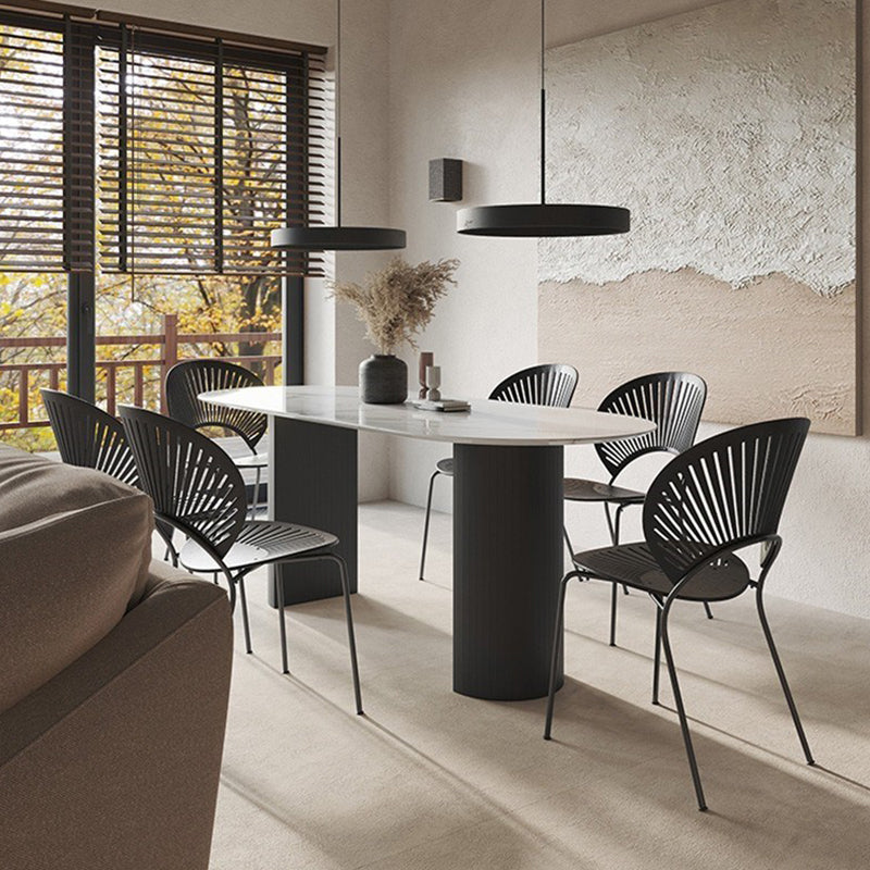 Moderne gesinterde stenen eettafel ovale vorm dubbele voetstuk keukenbureau