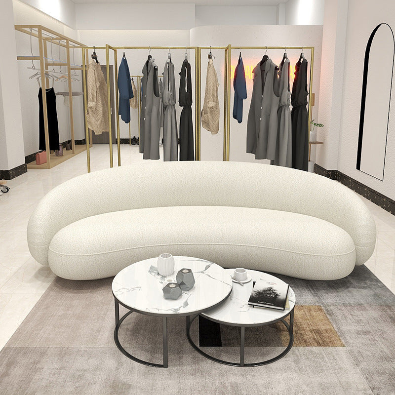 Contemporary Sloped Arm Curved Sofa White Tight Back Fabric Settee Clearhalo 'furn' 'furn_sofas' 'Furniture' 'Living Room Furniture' 'Sofa' 'sofas' 6189453