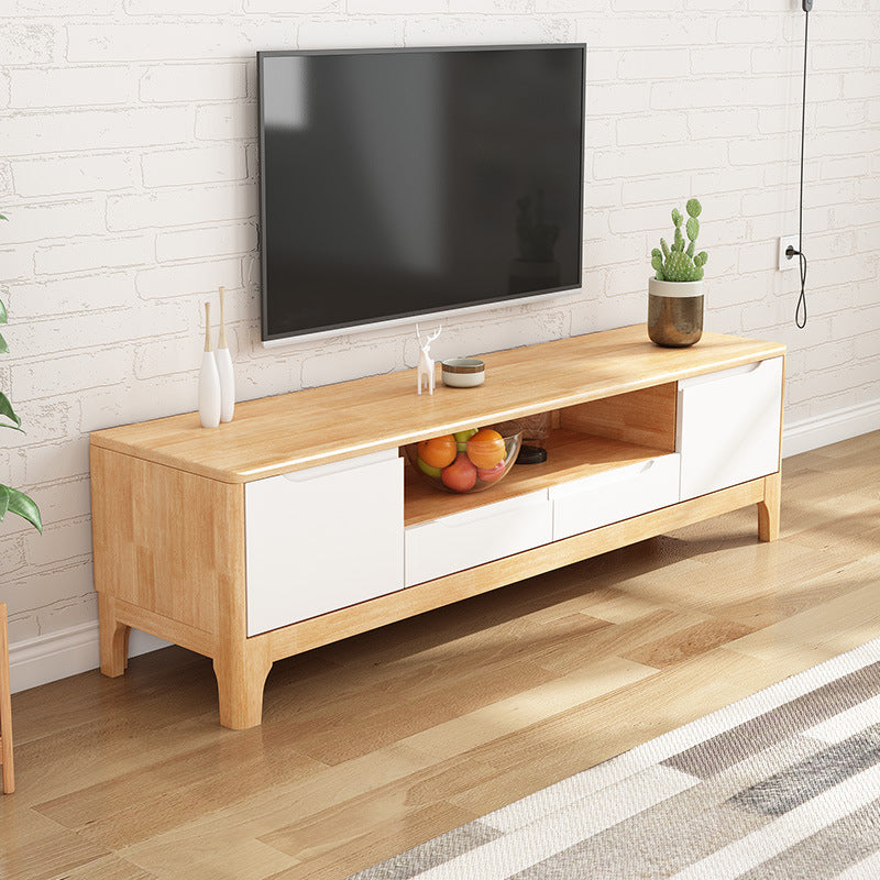 Modern TV Media Stand 15" W Rubberwood TV Stand Console with Drawers Natural Wood White Clearhalo 'furn' 'furn_tv_stands_entertainment_centers' 'Furniture' 'Living Room Furniture' 'TV Stands & Entertainment Centers' 'TV Stands & Media Storage Furniture' 'tv_stands_entertainment_centers' 6196455