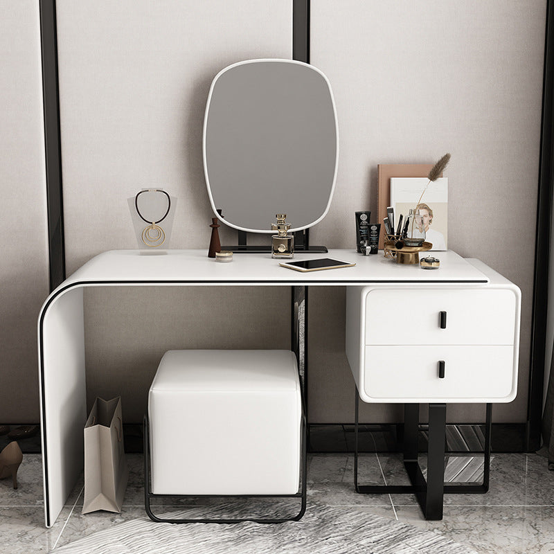 IJdelheid van 2 ladesset echte leer- en metalen make-upkapidafel met spiegel en ontlasting