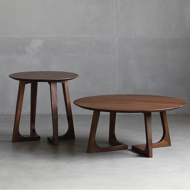 Solid Wood Round Coffee Table in Brown Scandinavian 2 Pieces Cocktail Table Set