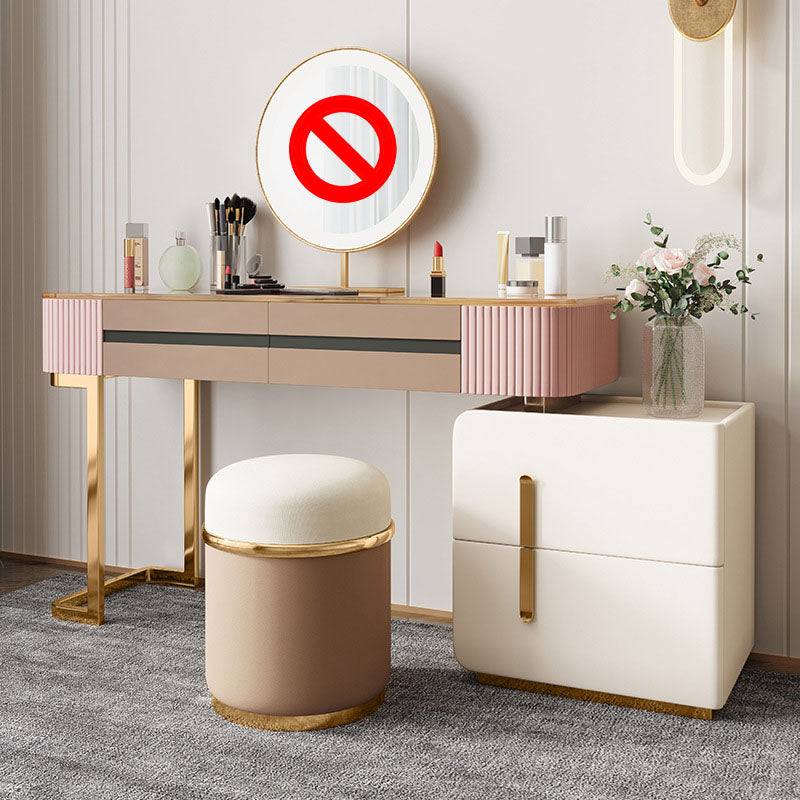 Glam Wood Makeup Vanity Desk Glass Top 4 Drawer Dressing Table Makeup Vanity & Stools 39"L x 19"W x 30"H Pink Clearhalo 'Bedroom Furniture' 'furn' 'furn_makeup_vanities' 'Furniture' 'Makeup Vanities' 'makeup_vanities' 6215920