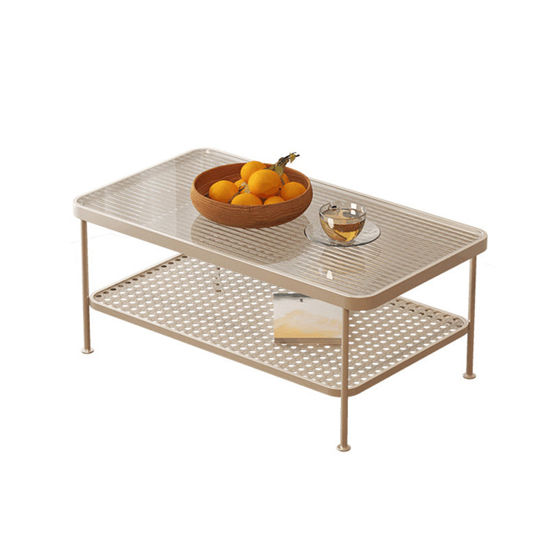 Glass Modern Rectangular Coffee Table with Shelf 4 Legs Cocktail Table