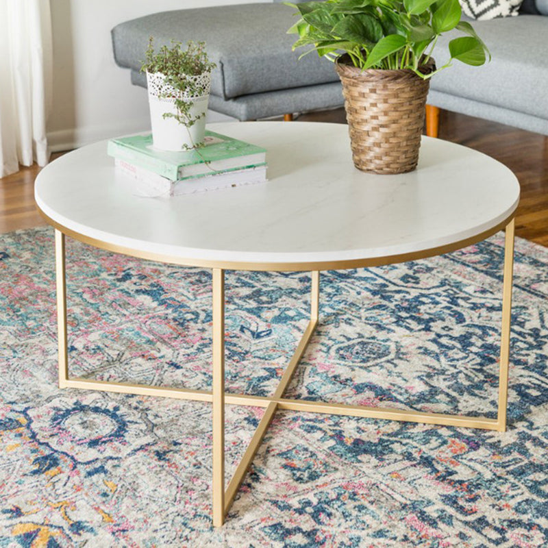 Modern Round Slate Coffee Table Cross Legs Cocktail Table in Gold