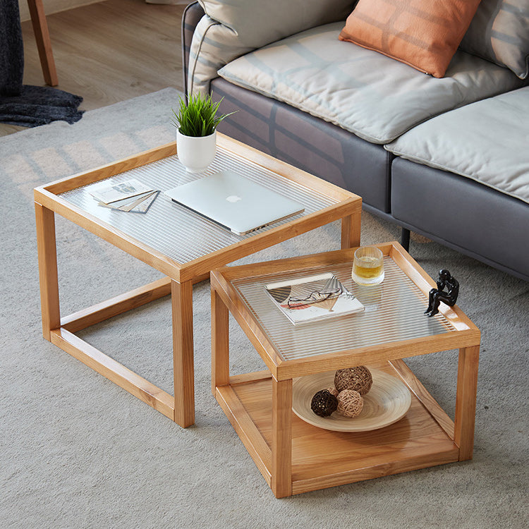 モダンなガラストップコーヒーテーブルスクエアナチュラルウッドカクテルテーブル