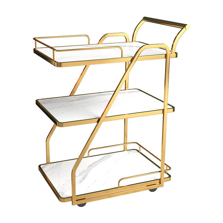 Contemporary 33.07"H Rolling Prep Table Rectangular Metal Prep Table for Dining Room White-Gold Stone Clearhalo 'furn' 'furn_kitchen_islands_carts' 'Furniture' 'Kitchen & Dining Furniture' 'Kitchen Islands & Carts' 'kitchen_islands_carts' 6225868