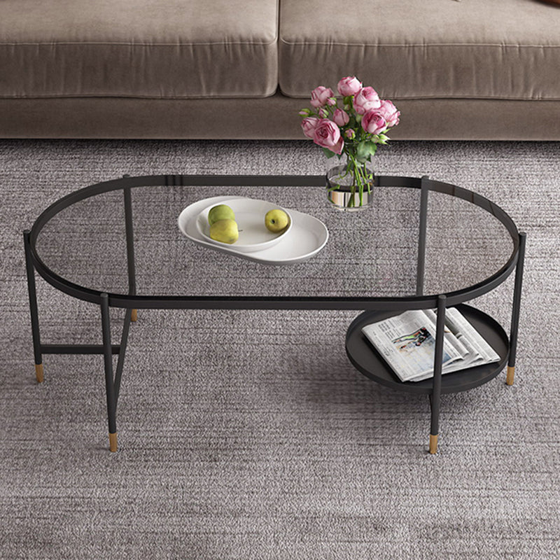 Contemporary Elliptical Glass & Slate Coffee Cocktail Table with Storage Shelf 47"L x 20"W x 18"H Glass Clearhalo 'Coffee & Accent Tables' 'Coffee Tables' 'coffee_tables' 'furn' 'furn_coffee_tables' 'Furniture' 'Living Room Furniture' 6236592