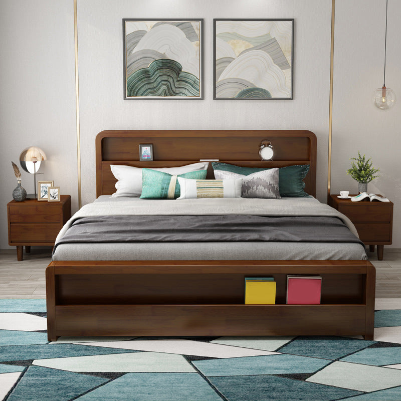 Traditional Standard Bed Pine Wood Panel Rectangular Bed Frame in Natural and Walnut