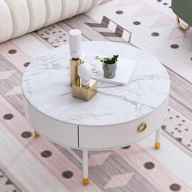 Round Slate Top Cocktail Table 1-Drawer 4 Legs Coffee Table in White of 17.7" H