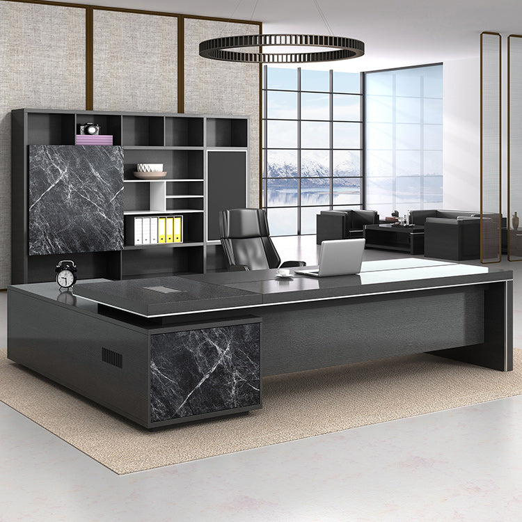 Black L-Shape Office Desk Cable Management Executive Desk with 2-Drawer 110"L x 63"W x 29.5"H Right Hand Return Clearhalo 'furn' 'furn_office_desk' 'Furniture' 'Office Desks' 'Office Furniture' 'office_desk' 6271610