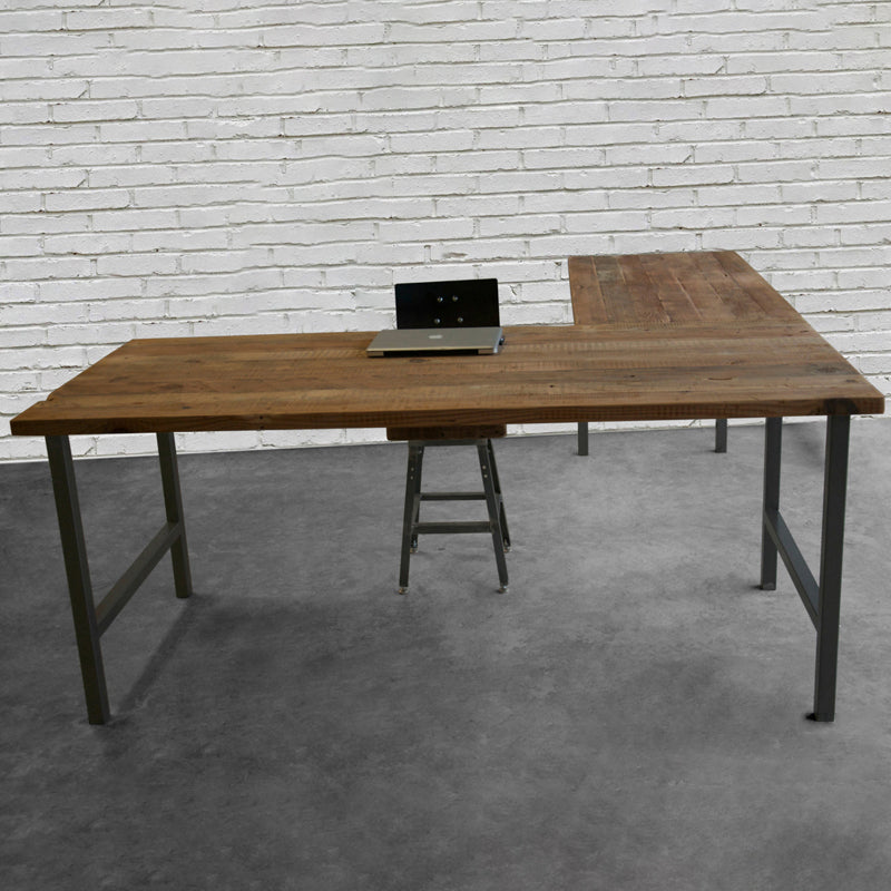 Brown and Black Writing Desk Industrial H-Shape Office Desk Pine 79"L x 63"W x 30"H Left Hand Return Clearhalo 'furn' 'furn_office_desk' 'Furniture' 'Office Desks' 'Office Furniture' 'office_desk' 6276899