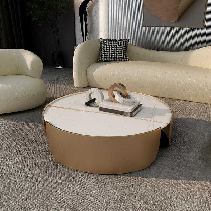 Dia 35.4" Round Cocktail Table Glam Slate Top 1 Single Coffee Table White Gold Clearhalo 'Coffee & Accent Tables' 'Coffee Tables' 'coffee_tables' 'furn' 'furn_coffee_tables' 'Furniture' 'Living Room Furniture' 6279227