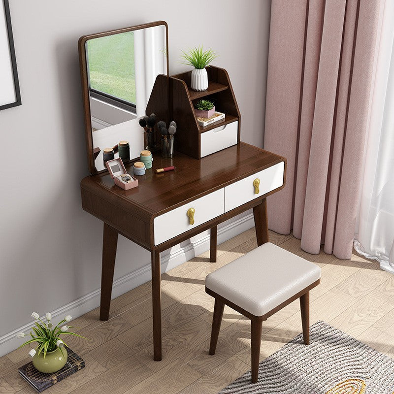 Scandinavian Make-up Vanity with 3 Storage Drawers 15.74" Wide Solid Wood Dresser Makeup Vanity & Mirror & Stools Walnut White Clearhalo 'Bedroom Furniture' 'furn' 'furn_makeup_vanities' 'Furniture' 'Makeup Vanities' 'makeup_vanities' 6279444