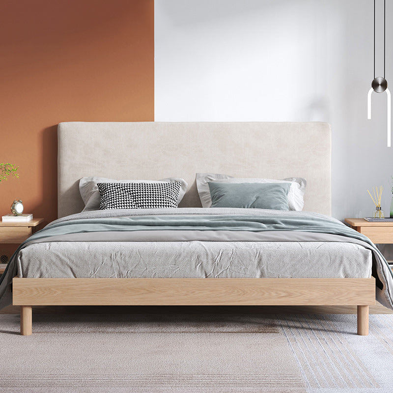 Gray and Natural Standard Bed Traditional Oak Panel Bed Upholstered Headboard