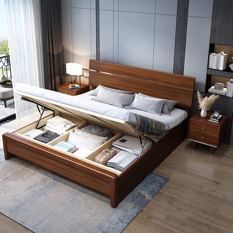 Mid-Century Modern Standard Bed Walnut Espresso Bed Frame With Custom Gold Legs Lift Up Storage Clearhalo 'Bedroom Furniture' 'Beds' 'furn' 'furn_beds' 'Furniture' 6280576