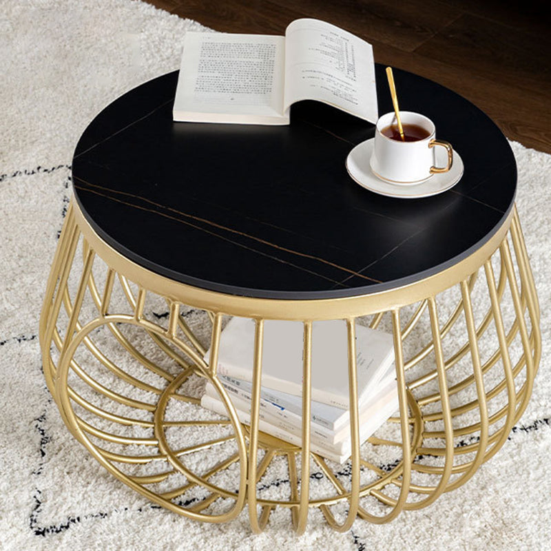 Glam Slate/Glass Top Coffee Table Dia 21.7" Frame Cocktail Table with Storage Black Gold Clearhalo 'Coffee & Accent Tables' 'Coffee Tables' 'coffee_tables' 'furn' 'furn_coffee_tables' 'Furniture' 'Living Room Furniture' 6289759