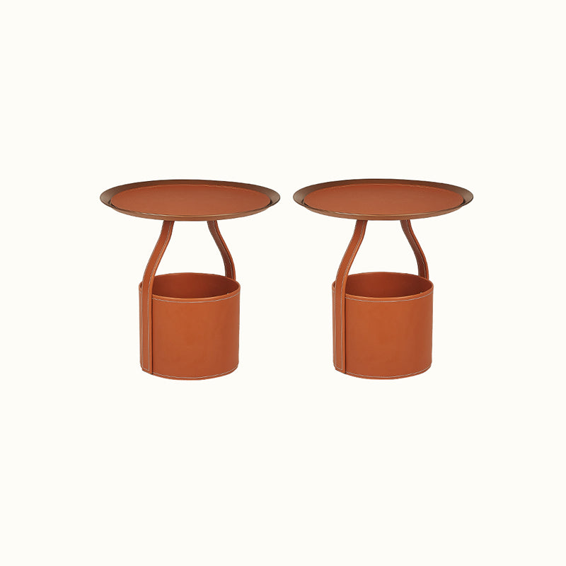 コンテンポラリーラウンドサイドエンドテーブルレザーペデスタルエンドテーブル