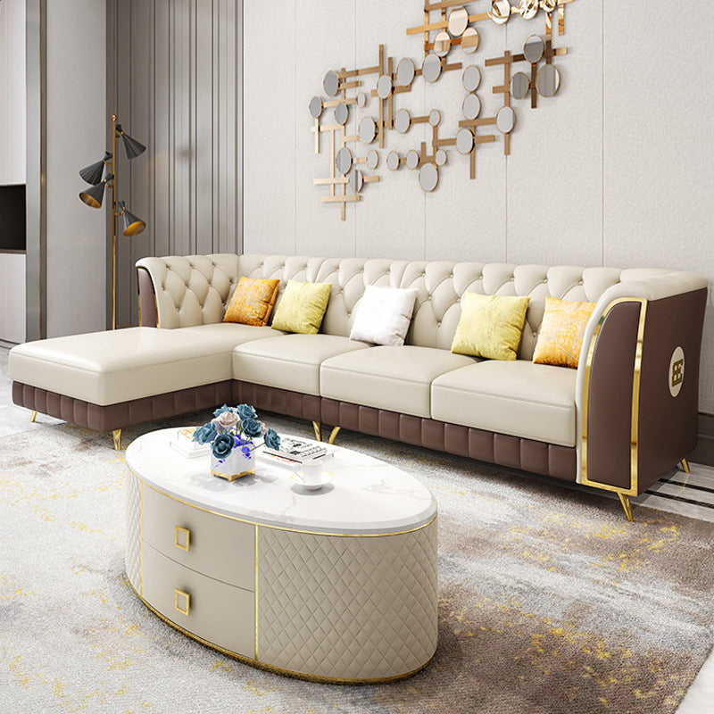 Guida pelle lussuosa divano posteriore trapuntato sezionale e chaise con 5 cuscini